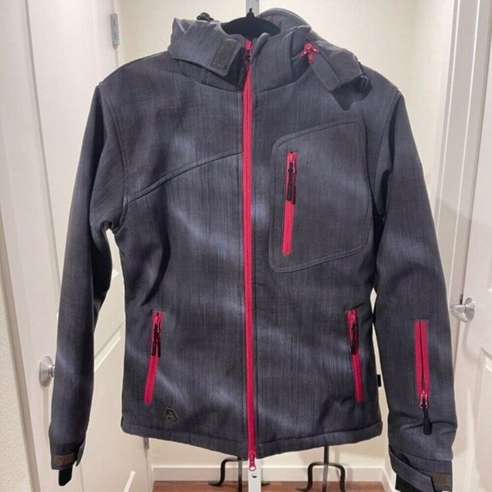 Eldera Women Blue Gray Softshell Ski Jacket Hooded Windproof Zip XS Preowned